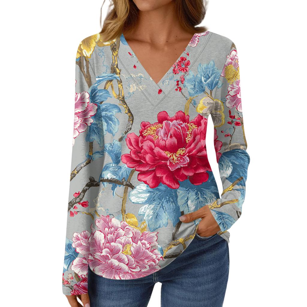 Women's Casual Fashion Brushed Retro Floral Print Long Sleeve V-Neck Top T-Shirt