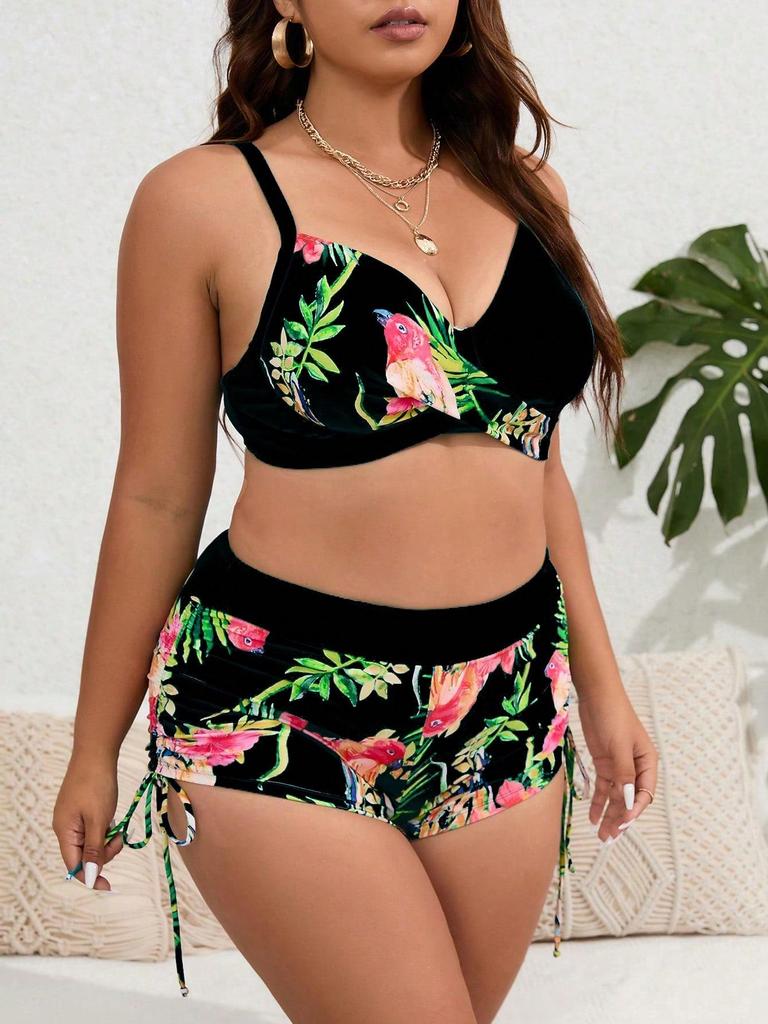 Plus Size European & American Split Bikini Set - New Printed Style with Large Bust Support
