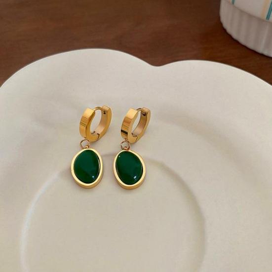 Women Jewelry Set Faux Emerald Decor Polished Snake Bone Chain Necklace Hanging Earrings Bracelet Titanium Steel Formal Occasion Party