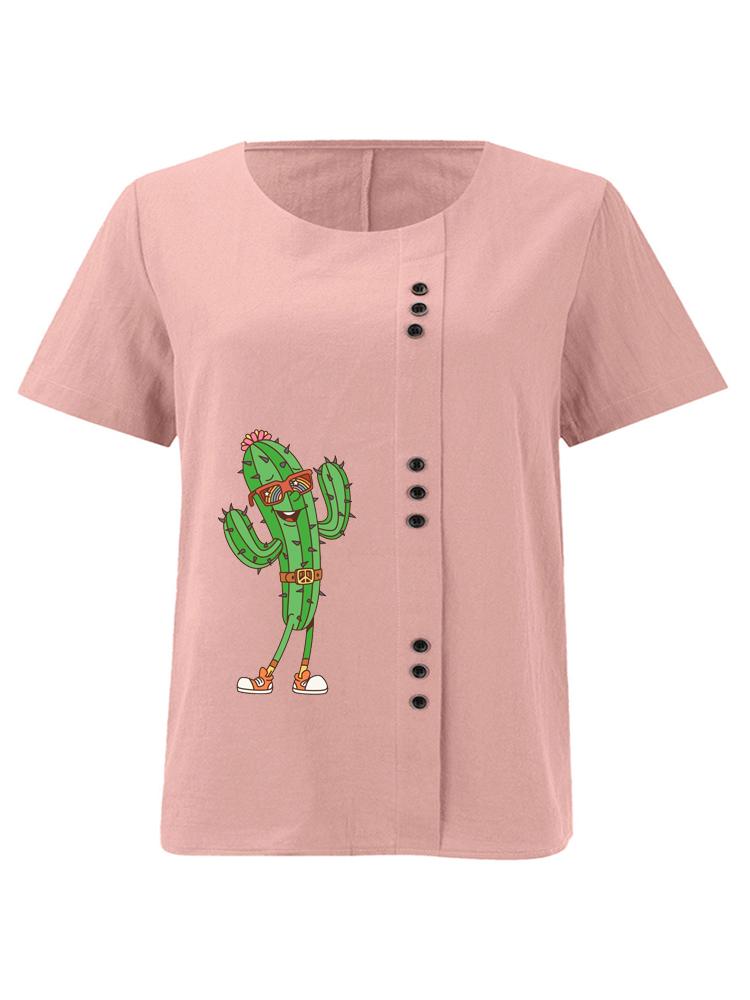 Women s Fashion Cactus Print Shot Sleeve T-shirt Loose Cotton Shirt Casual Loose Summer Blouse Tops Plus Size S