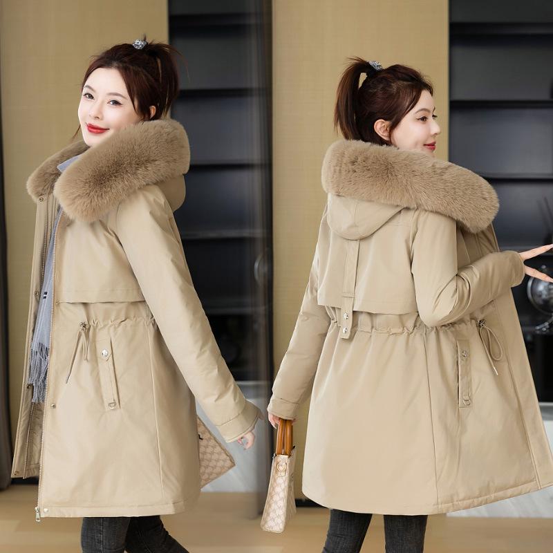 Women's 2026 Winter Mid-Length Velvet Parka with Large Fur Collar - Slimming Korean Style Cotton Jacket