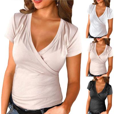 Women's Casual Summer Deep V Neck Short Sleeve Shirts Warp Slim Fit Tee Shirt