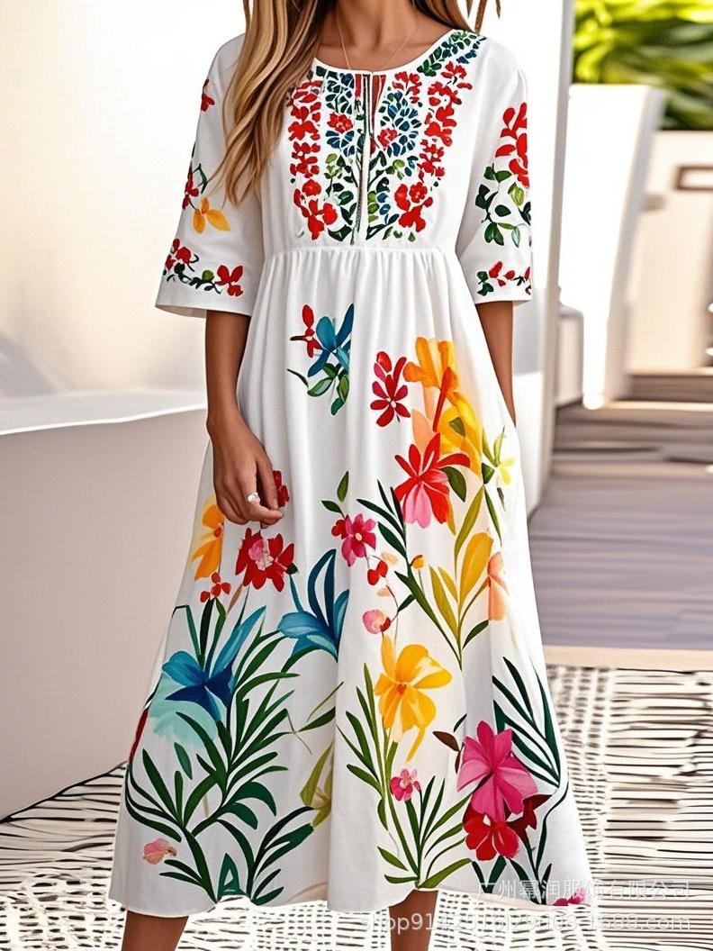2025 Amazon popular summer print dress women s flower round neck short sleeve comfortable casual dress S белый