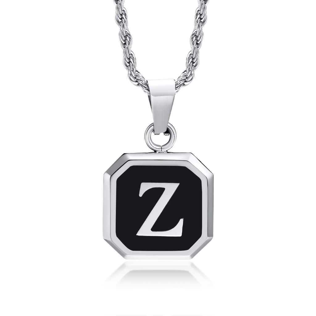 Initials Necklaces for Men Women,A-Z 26 Letters Black Square Stainless Steel Pendant Collar,45-60CM Twisted Rope Chain Gifts