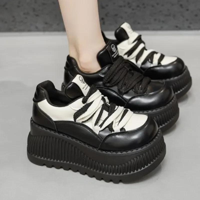 Fashion 9CM NEW Microfiber Leather Vulcanize Summer High Brand Comfy PUNK 2024 Spring Autumn Platform Women Chunky Sneaker Loafer Shoes