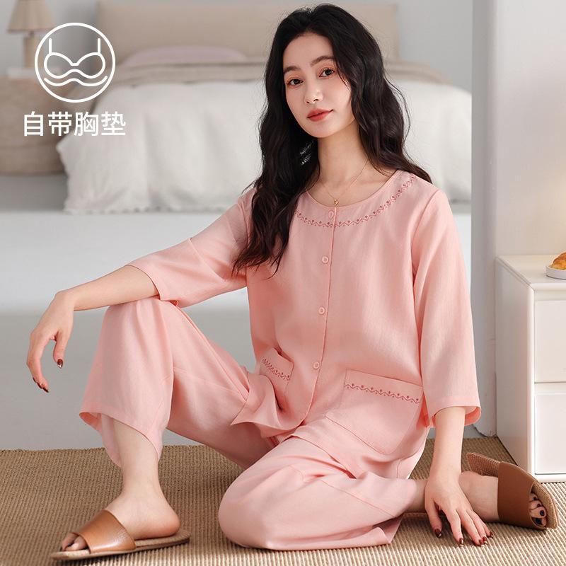 Pajamas Ladies Summer Seven-Point Cuffs Chest Pad Tencel Lyocell Middle-aged Mom Lady Wind No Collar Homewear