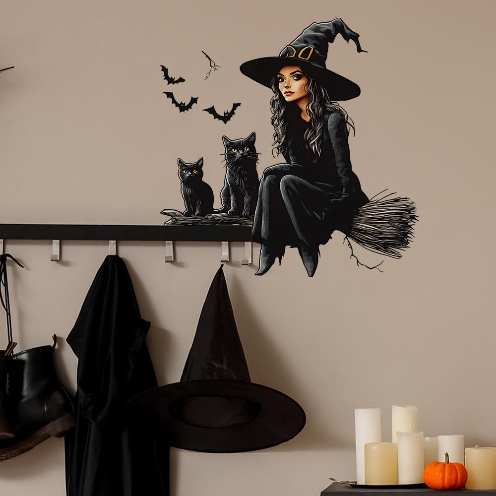 Halloween Cartoon Witch Bat Black Cat Bedroom Living Room Home Beautification Wall Stickers