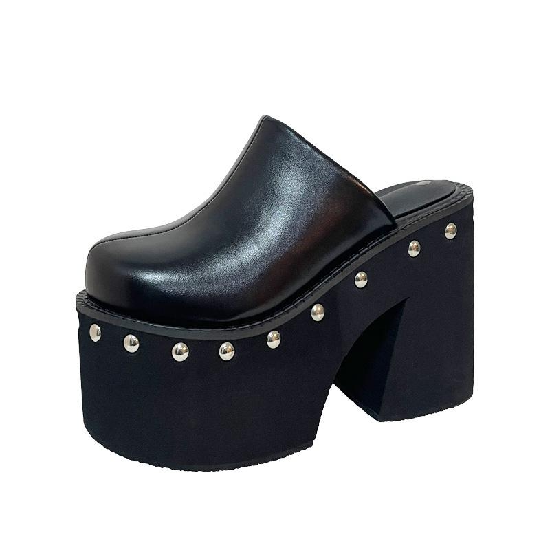 2025 Autumn and Winter New Fashion Versatile High Heel Muffin Thick Bottom Thick Heel Waterproof Table Rivet Bag Head Drag
