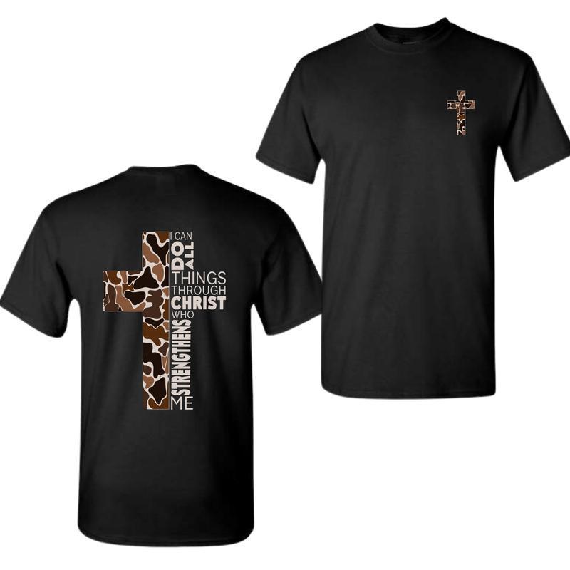 Unisex T-shirt,  Camo Cross Design With Philippians 4:13 Verse, Perfect For Faithful Believers And Outdoorsmen XL