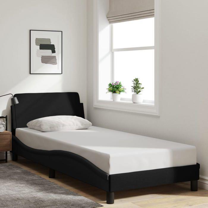 VidaXL Cadre de Lit avec Tête de Lit, Lit Rembourré avec Sommier à Lattes, Lit Simple avec Pied, Lit Adulte de Chambre, Noir 373087