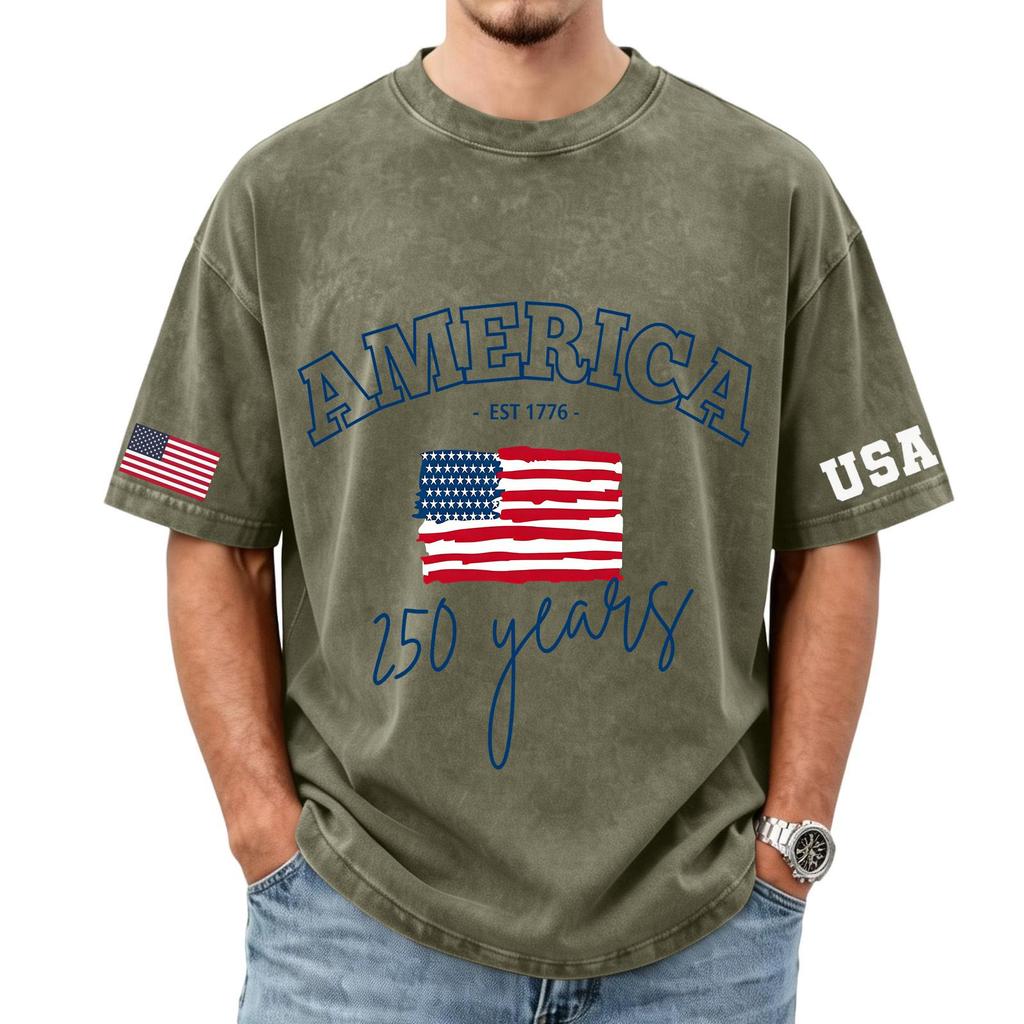 Herren lockeres und lässiges T-Shirt mit Flaggen-Buchstaben-Print - Trendiges gewaschenes kurzärmeliges Oberteil für Herren