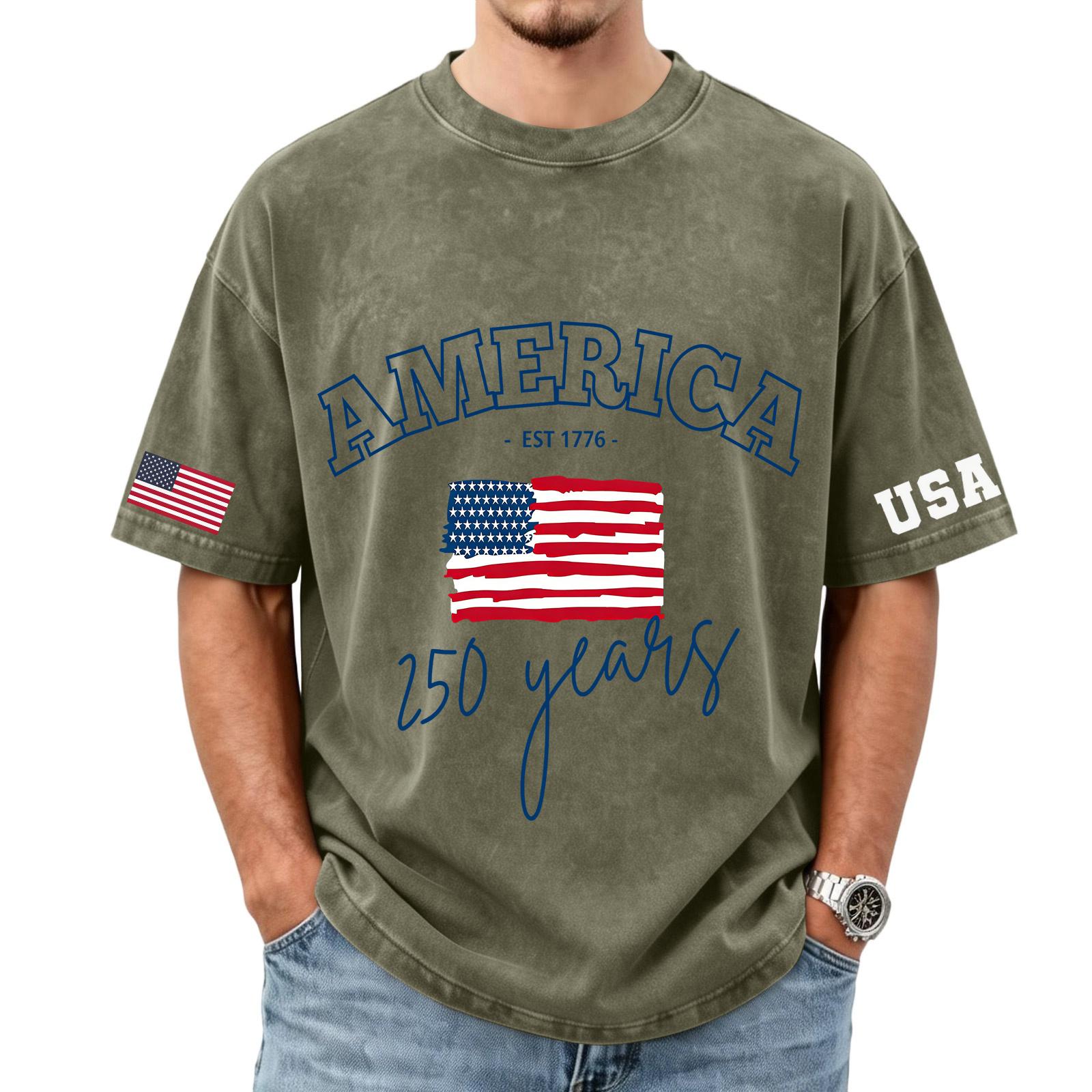 

Cotton Short Sleeve T Shirt with America 250 Years Flag Print Crew Neck Loose Fit Soft Casual Top for Men and Women L армия зеленый