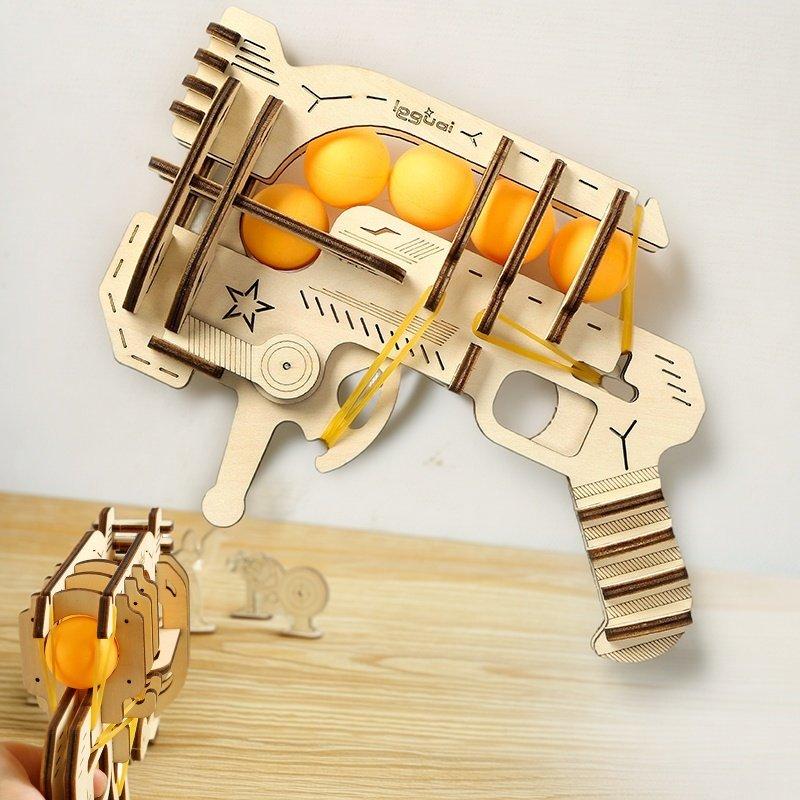 Wooden Diy Assembled Rubber Band Gun Model Table Tennis Launcher Stem Educational Toy Boy'S Creative Birthday Gift For Kids