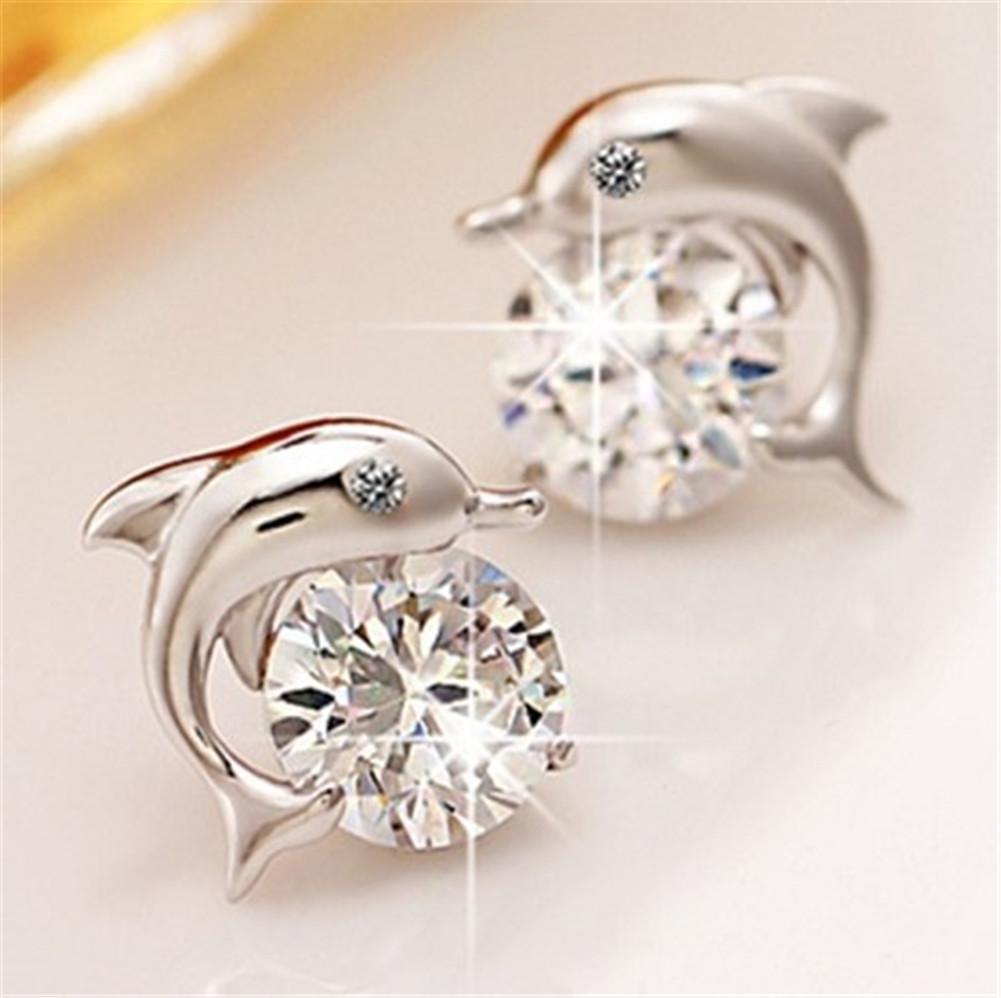 

Exquisite Cute Romantic Dolphin Love Stud Earrings For Women 925 Stering Silver Jewelry Round Cut AAA Zircon Brinco Bijoux