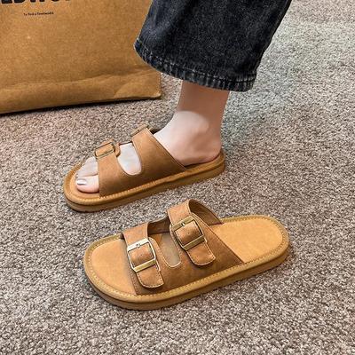 Fashion Ladies Shoes On Sale 2024 New Open Toe Women's Slippers Summer Rome Retro Buckle Solid Flat Casual Beach Comfortable Slippers