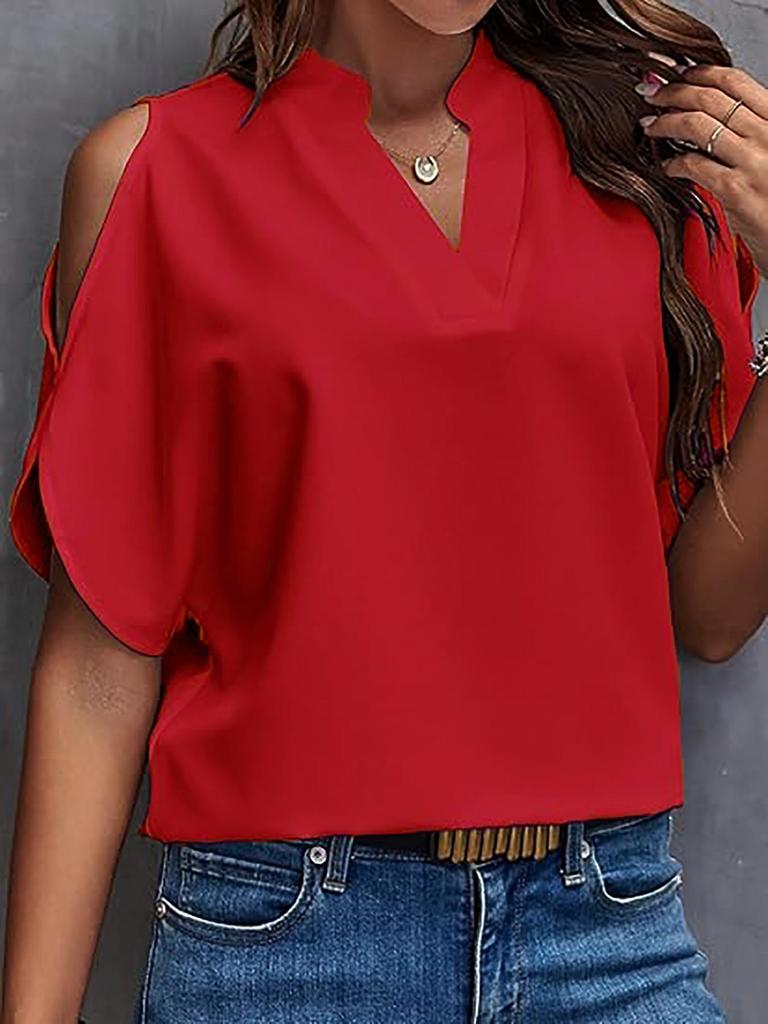 2024 European American Women's Summer Solid V-Neck Off-Shoulder Fashion Top