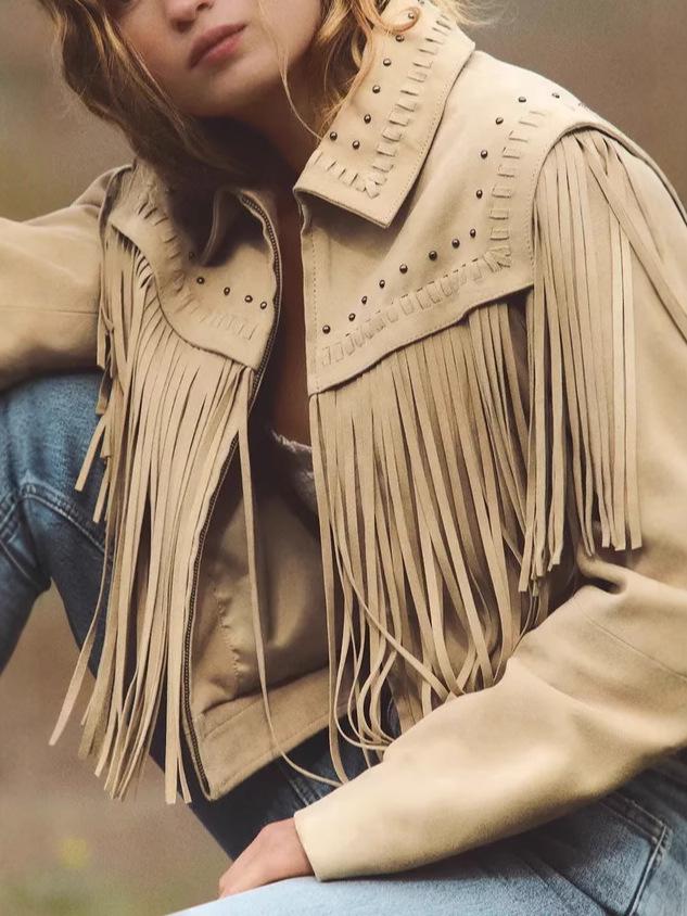 2025 Summer Retro Tassel Rivet Leather Jacket for Women