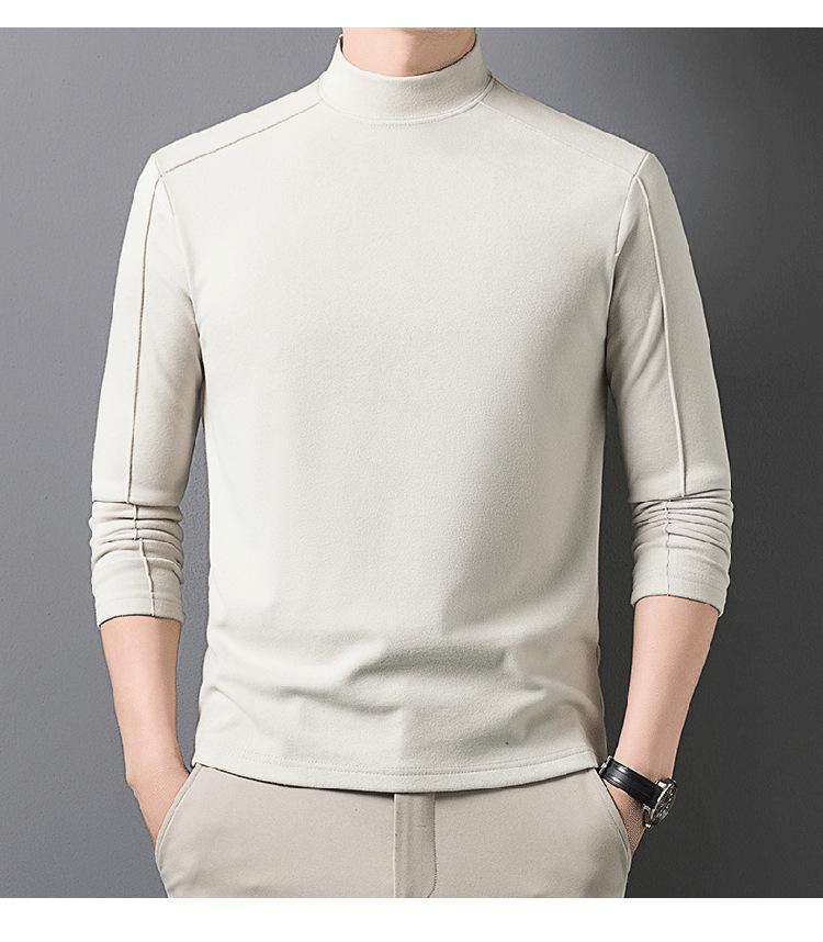 Men's Warm Self-Heating Fleece Hoodie - New Style, Half-High Collar, Long Sleeve, Skin-Friendly, Solid Color, Versatile Base Layer.