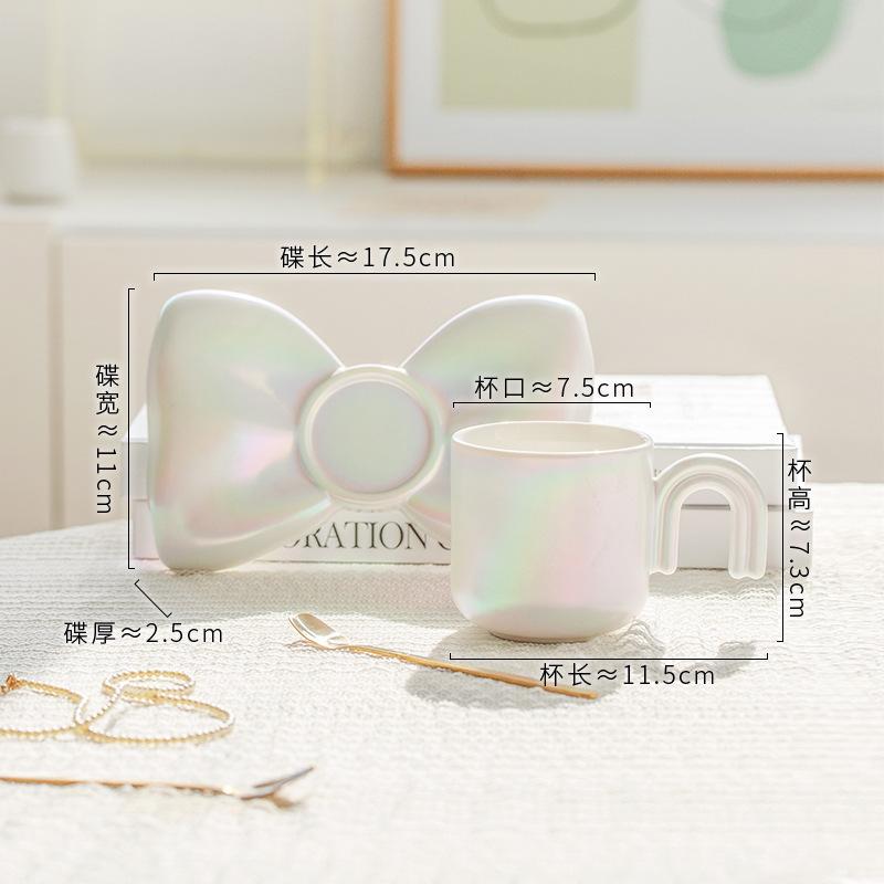 Electroplated Pearlescent Color Bow Coffee Cup Saucer Ceramic Wind Cup Three-Dimensional Mug Couple Water Cup Simple 210