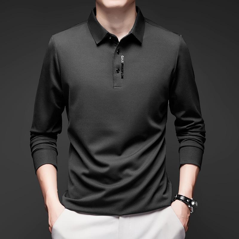 Men's Business Casual Long Sleeved Shirt with Badge Solid Color Polo Shirt Fashionable Breathable Comfortable Versatile Top