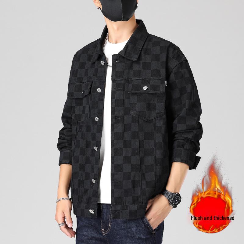 Men's Loose Plaid Grid Plush Denim Jacket - Korean Style, Youthful, Long Sleeve for Autumn/Winter