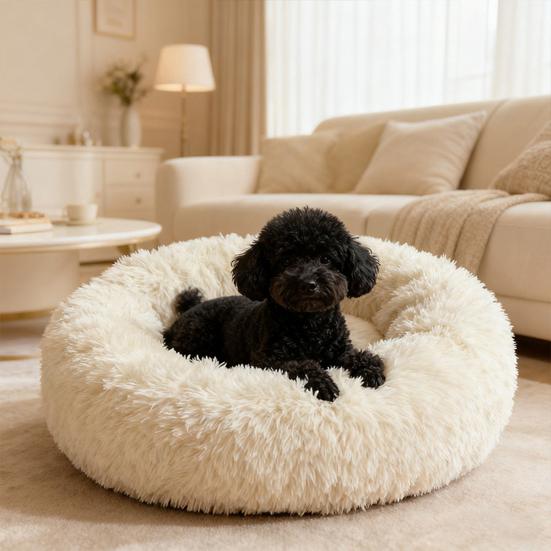 Round Pet Nest Bed Fuzzy Cat Bed Calming Donut Bed with Non-Slip Bottom Washable Fluffy Dog Bed for Small Medium Dogs And Cats