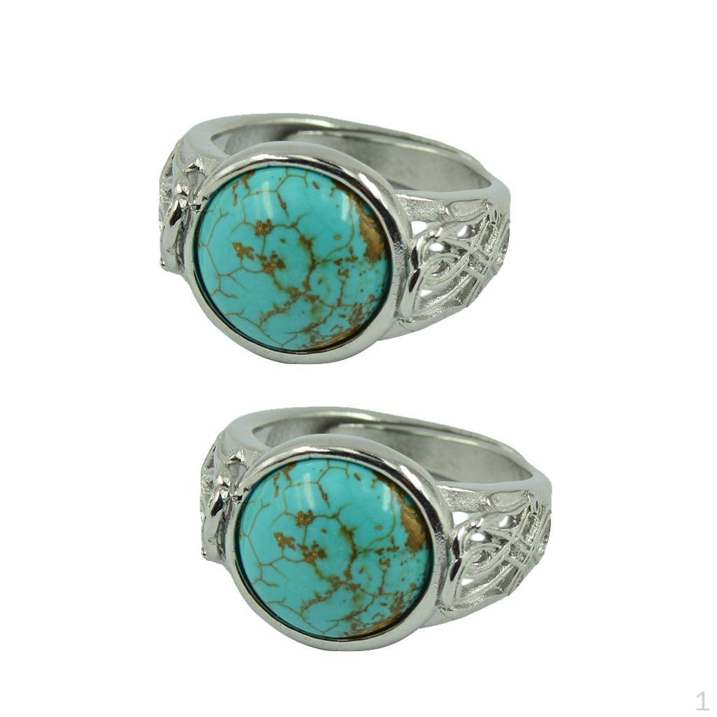 

2 Pieces Vintage 3D Hollow Filigree Flower Carving Adjustable Turquoise Round Cabochon DIY Ring