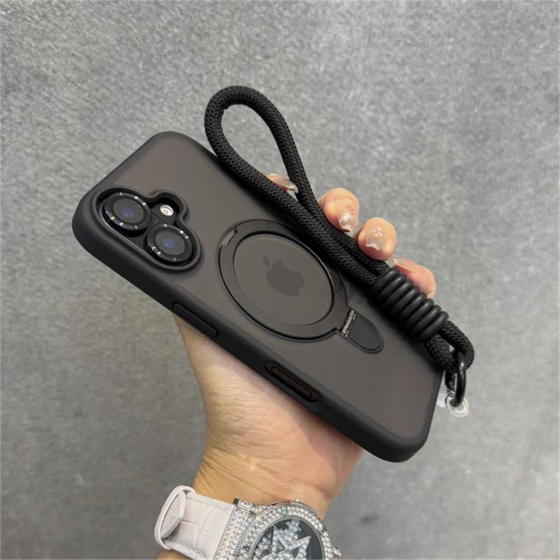 Wrist Strap Matte Clear Magnetic For Magsafe Holder Stand Case For iPhone16 15 11 12 13 14 16 Pro Max Plus With Lens Glass Cover