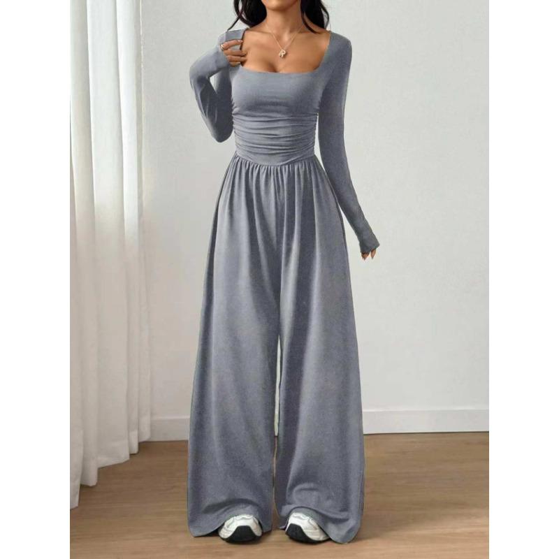 Women Fashion Casual Long Sleeve Square Neck Solid Wide Leg Jumpsuit
