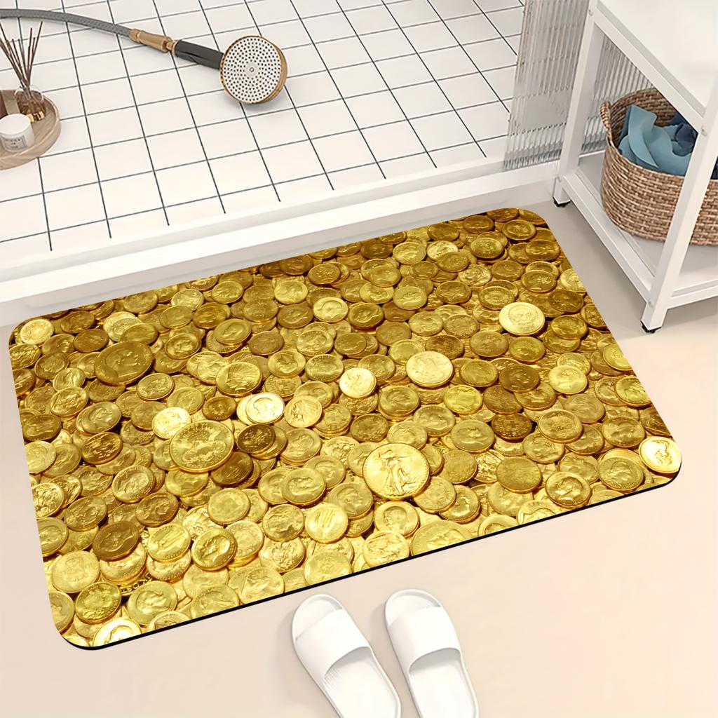 1Pcs Anti Fatigue Kitchen Rugs, Golden Coin Print Waterproof Non-Slip Thick Cushioned Kitchen Mat Heavy Duty Comfort Standing Mat for Kitchen