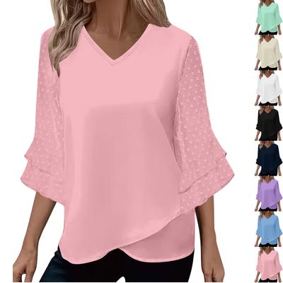 Top T-shirt Dama Modă Culoare Solidă Decolteu în V Mânecă Trei Sferturi Patchwork Croială Relaxată
