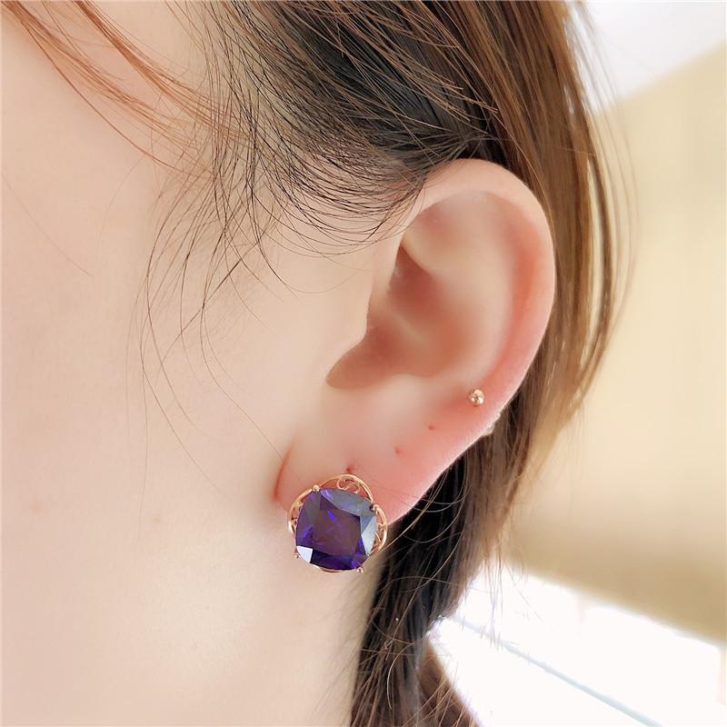 Purple Gold Square Purple Stone Earrings, High-End Elegant Earrings, Rose Gold-Plated Ear Jewelry.