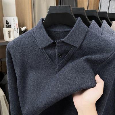 Men's Wool Sweater with Lapel Faux Two-Piece Collar - New Autumn/Winter Middle-Aged Dad Style Base Layer Knitwear