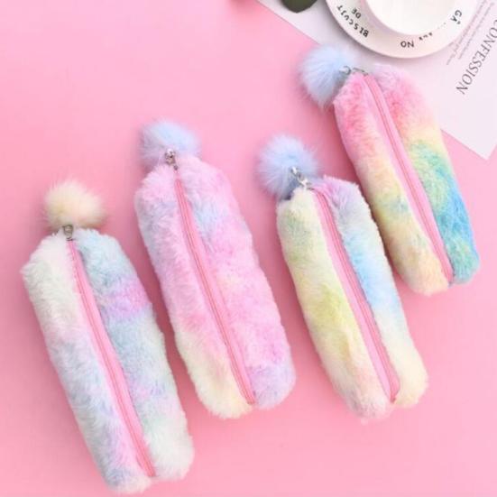 Plush Pencil Case Octagonal Shape Large Capacity Pencil Pouch Gradient Colors Zipper Storage Pouch for Stationery Cosmetics And Personal Items