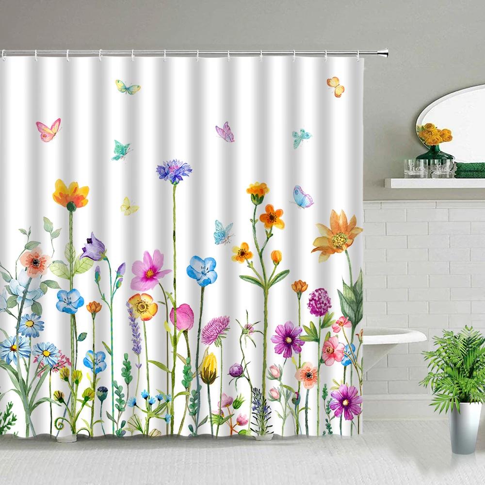 Creativity Wooden Background Flower Butterfly Shower Curtain Floral Plant Scenery Bathroom Screens Bathtub Decor Cloth Curtains