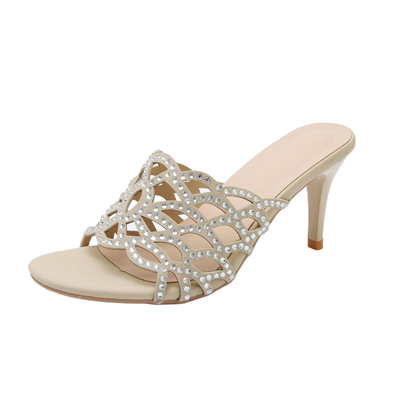 Cutout Rhinestone Stiletto High Heels Women's New Round Toe Open Toe Slip-on Anti-Slip Wear-Resistant Cool Slippers