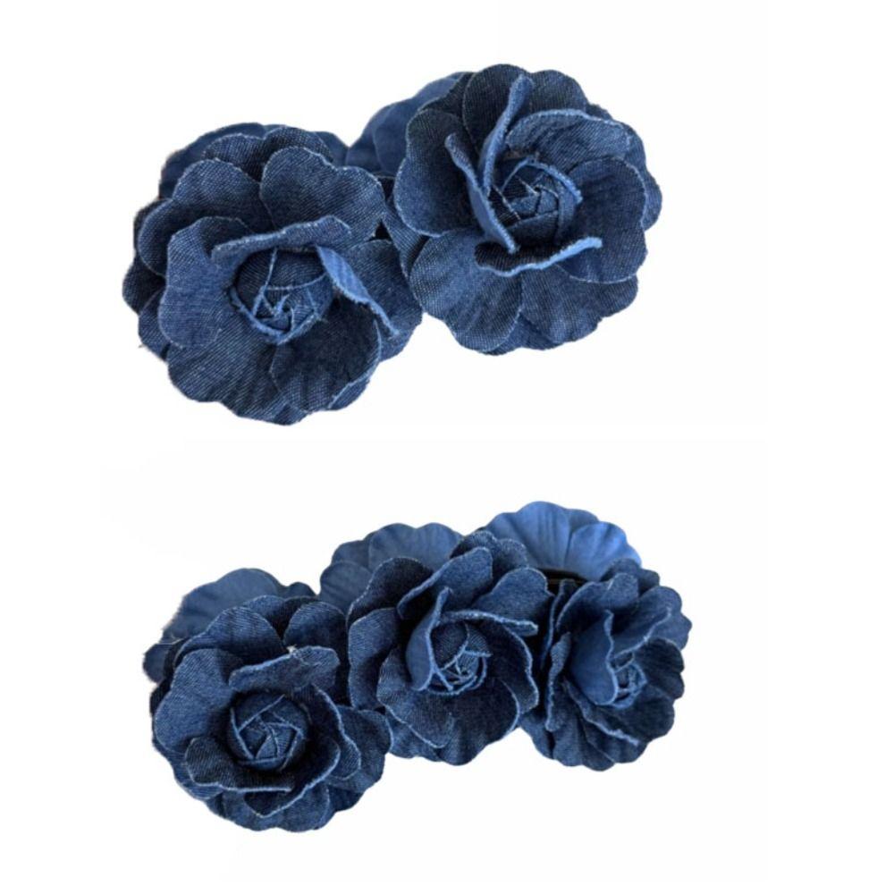 Denim Blue Flower Banana Clips Camellia Floral Twisted Hair Clip Women Vertical Clip  Spring