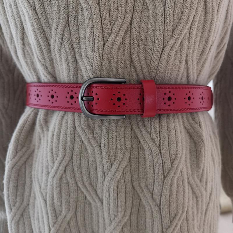 

New women s genuine leather belt - korean style versatile hollow-out pure cowhide pin buckle belt - wide decorative cowhide belt for women 105cm красный