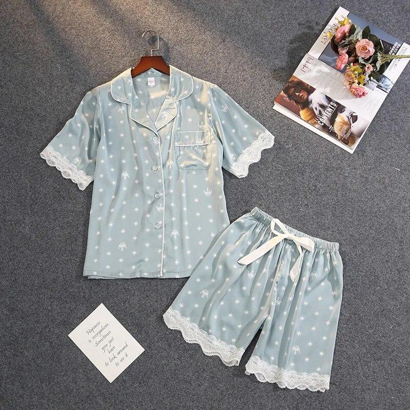 Dampyjamas för flickor Hemdräkt Pyjamas Satin Femme Sweetheart Lounge Set Polka Dot Pijamas Mujer Sovkläder Nattlinne