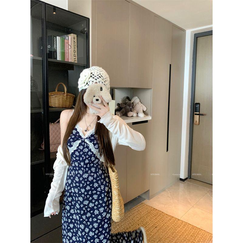 Kumikumi Design Sense Lace Stitching Sling Dress Women Summer Holiday Style High Waist All-Match Floral Long dress