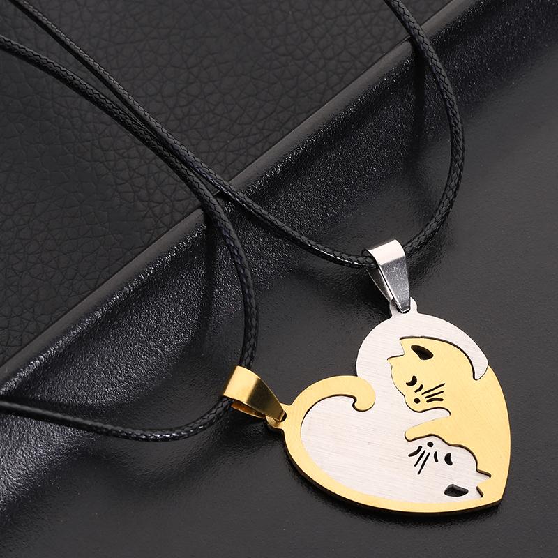 Hot Sale Stainless Steel Pet Cat Kitty Love Heart Pendant Puzzle Matching Necklace Chain For Couple Lover Valentine
