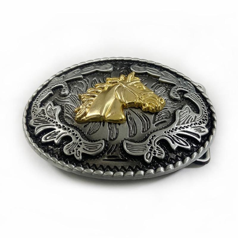 Golden Horse Oval Belt Buckle: Ethnic-Western Tang Grass Design