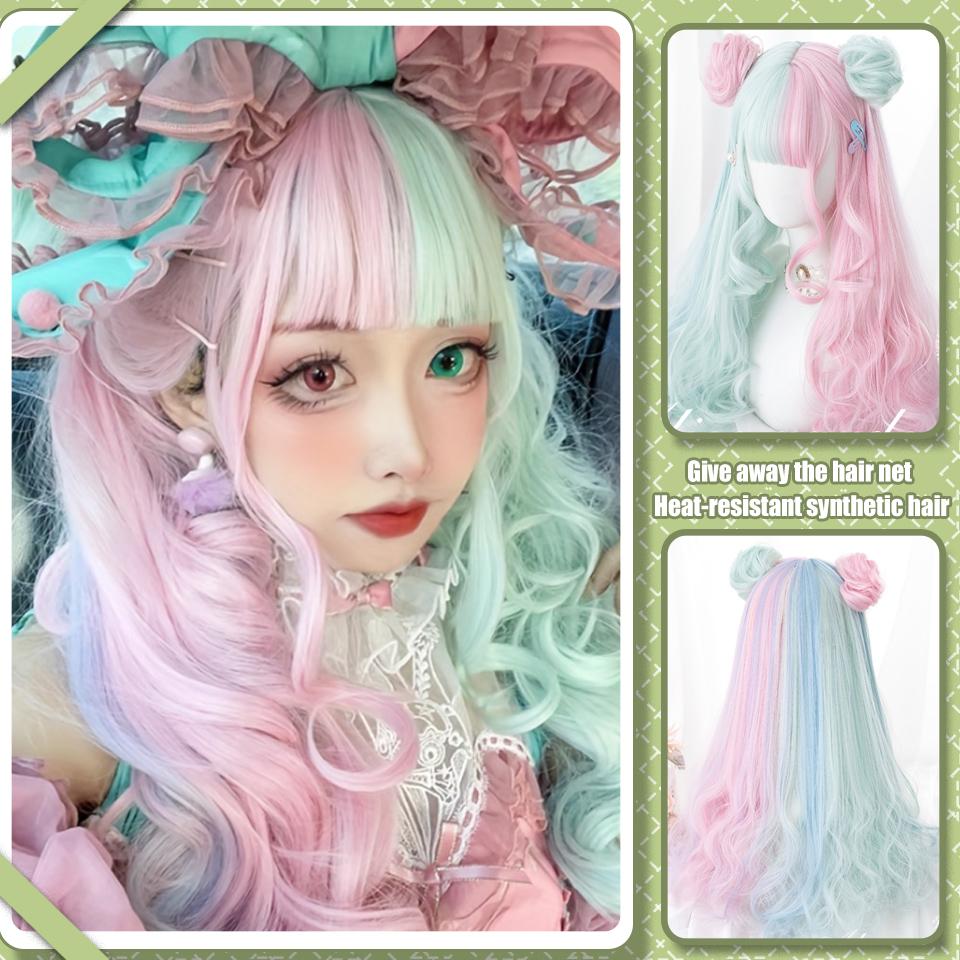 

WTB Мелирование Длинные Кудрявые Волосы Синтетический Парик Женский Стиль Харадзюку Прямая Челка Пышный Цветной Мелированный Кудрявый Парик 60cm