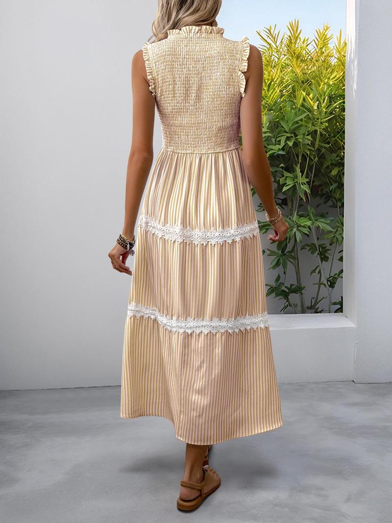 Summer 2026 Middle East High-End Lace Trim Patchwork Maxi Slip Dress with French Stripes