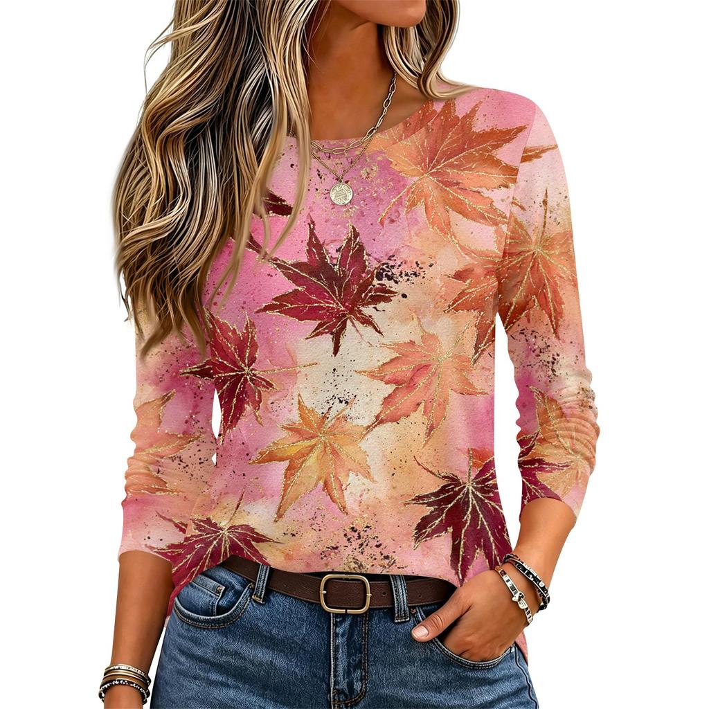 Women's Long Sleeve Neck Pullover Top with Leaf Print for Casual Daily Wear