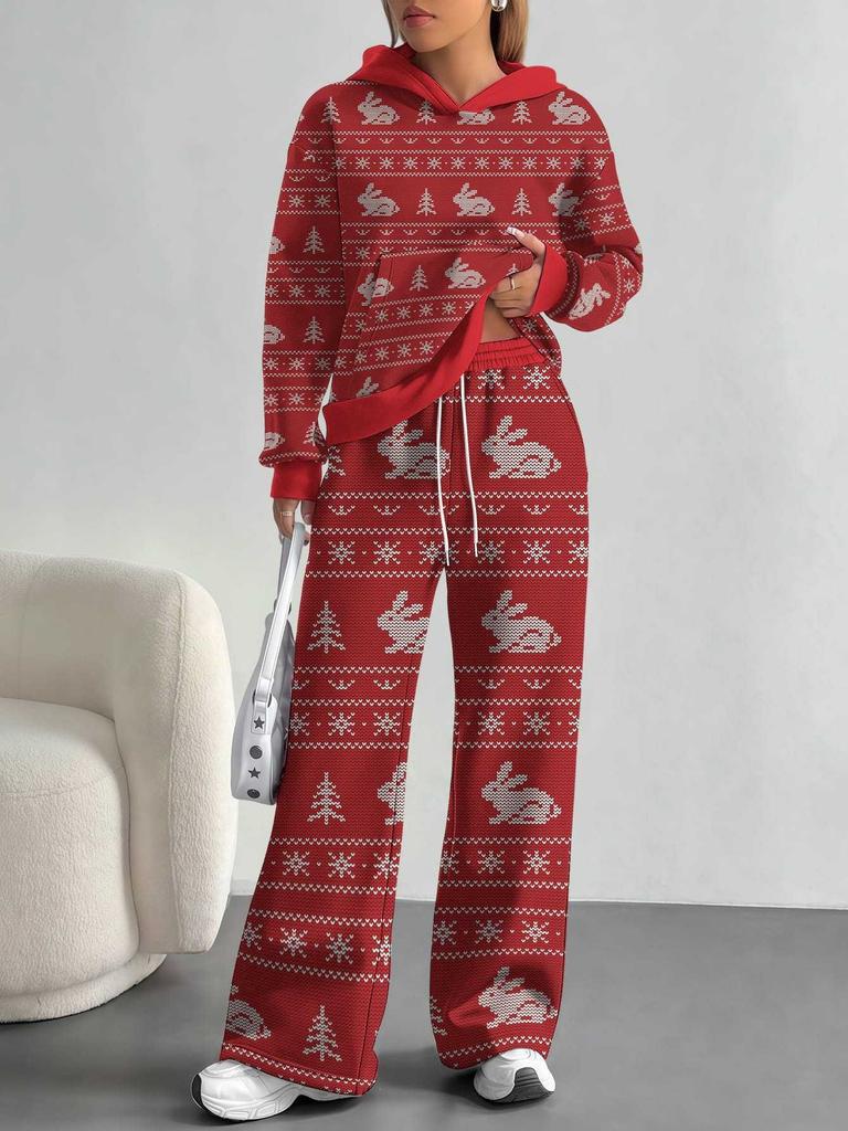 1116 European and American Autumn/Winter Casual Color Patchwork Long-Sleeve Set, Women's Hoodie and Long Pants Set