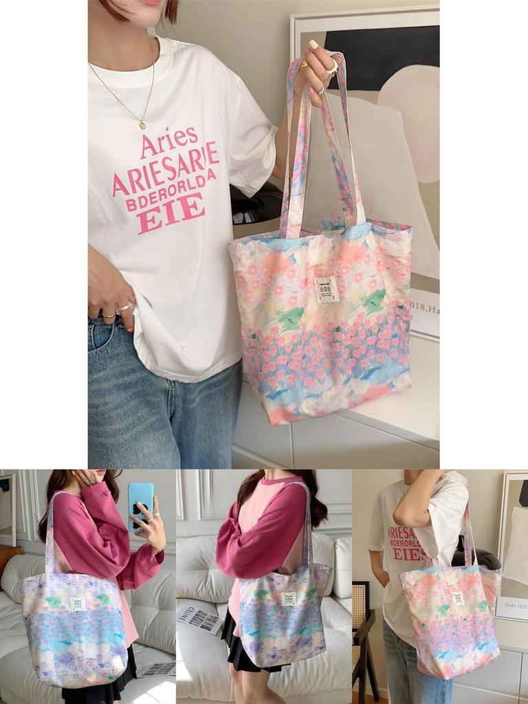 Pink Floral Canvas Tote Bag With Soft Cotton Material And Trendy Street Fashion