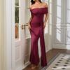 New High Elastic Milk Silk One-word Shoulder Dress, Sexy Backless Slim Pleated Hip Dress Long Dress