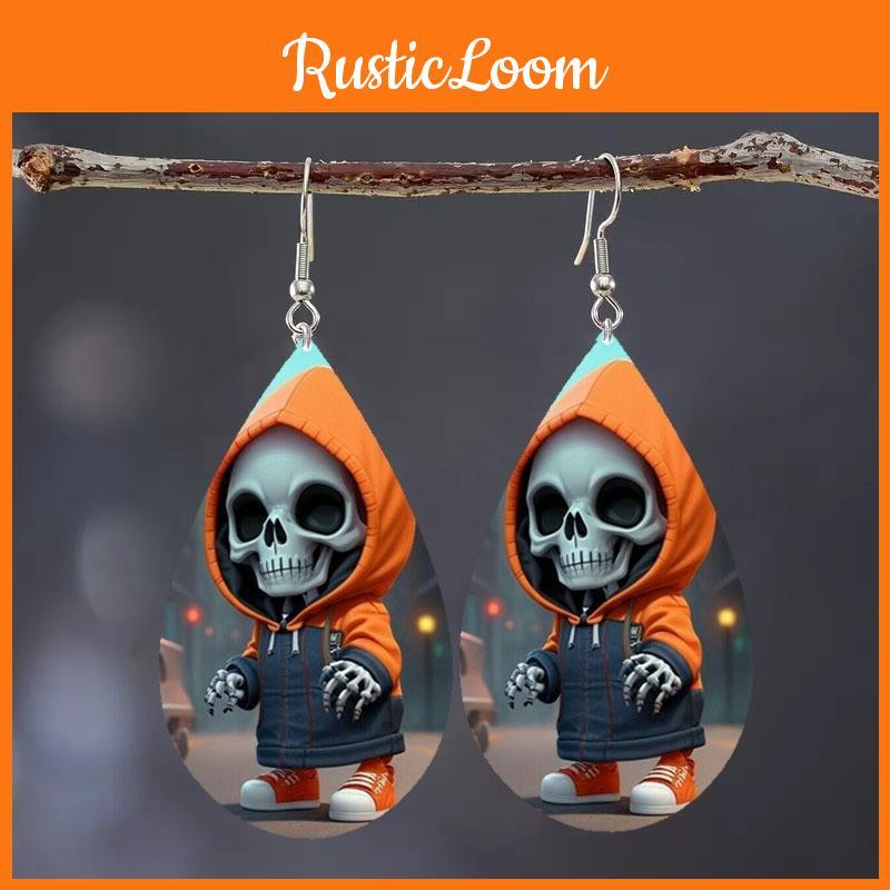 Hooded Themed Halloween Jacket Skull Pattern Droplet Shaped Acrylic Earrings