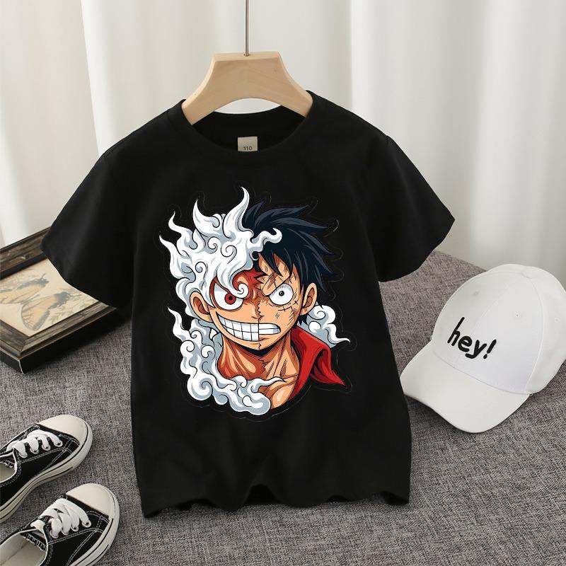 Ones Piece Black T-shirt Cute Game Role Infant Tees O-neck Tops Kids Boy ShortSleeve Anime Streetwear Shirt Child Cotton Clothes